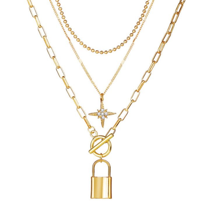 Marvellous AD Star Lock Gold Plated Multi Layers Necklace For Women - VAIRAVI
