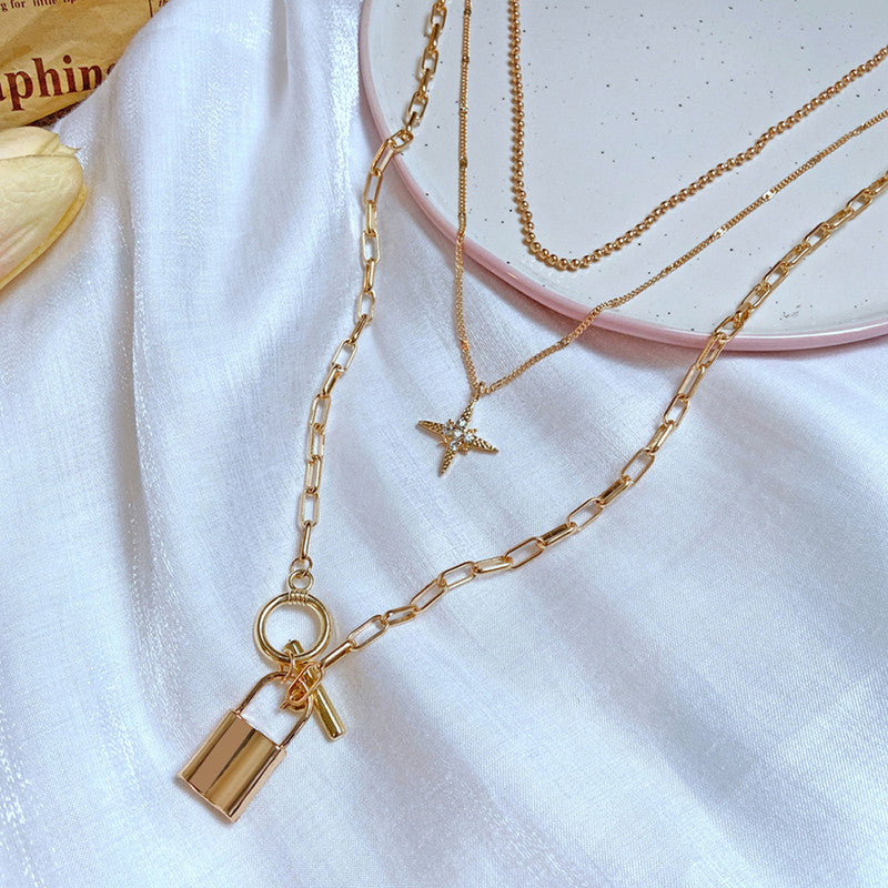 Marvellous AD Star Lock Gold Plated Multi Layers Necklace For Women - VAIRAVI Marvellous AD Star Lock Gold Plated Multi Layers Necklace For Women - VAIRAVI