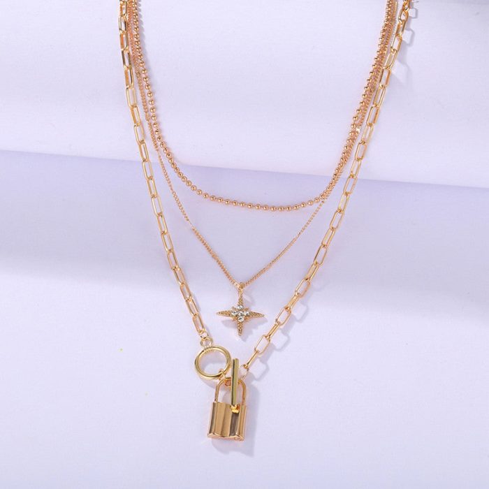 Marvellous AD Star Lock Gold Plated Multi Layers Necklace For Women - VAIRAVI