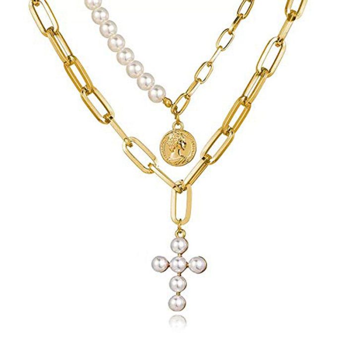 Gold-Toned Pearly White Layered Necklace For Women - VAIRAVI