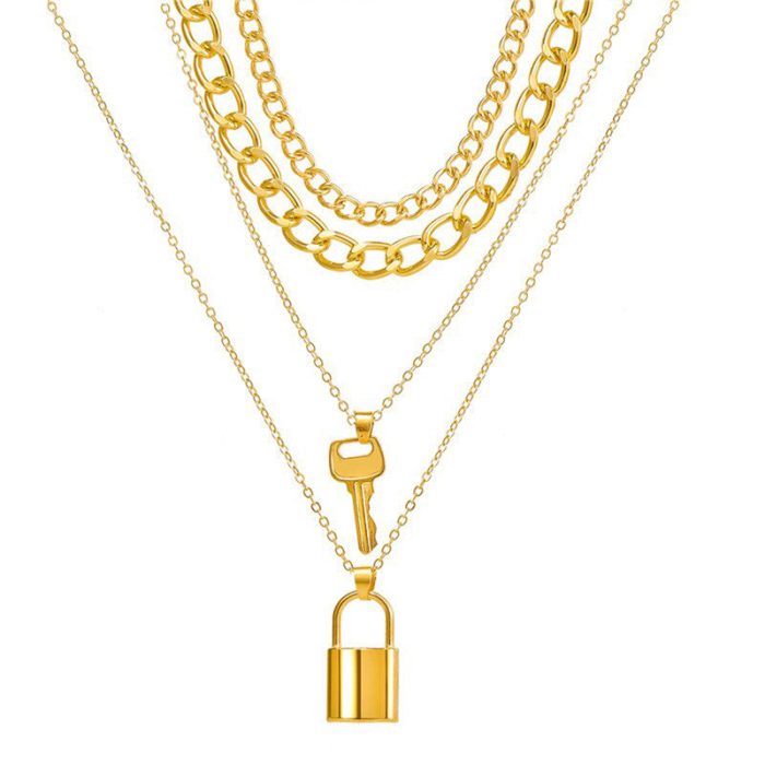 Gold Plated Lock-Key Layered Necklace For Women - VAIRAVI