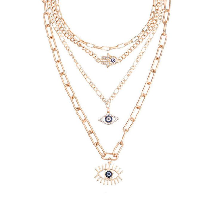 Gold Plated Gold-Toned Evil Eye and Buddha Hand Layered Necklace For Women - VAIRAVI