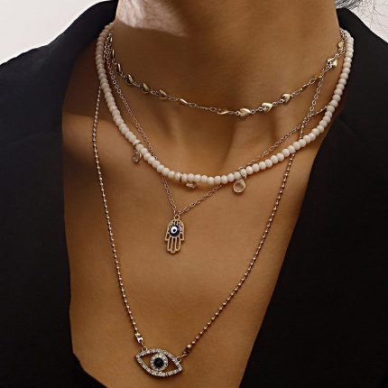 Gold Plated Gold-Toned Evil Eye and Buddha Hand Layered Necklace For Women - VAIRAVI