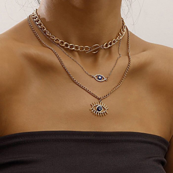 Gold Plated Gold-Toned Evil Eye Layered Necklace For Women - VAIRAVI