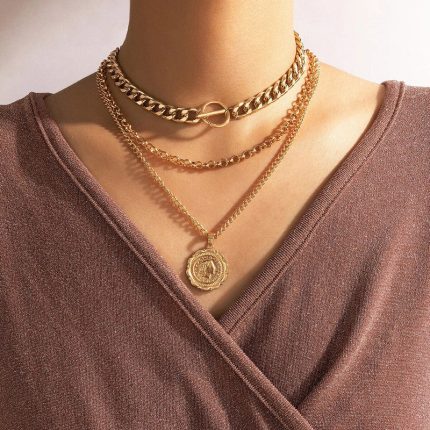 Gold-Plated Gold Toned Multi Layer Coin Layered Necklace Pack of 3 For Women - VAIRAVI