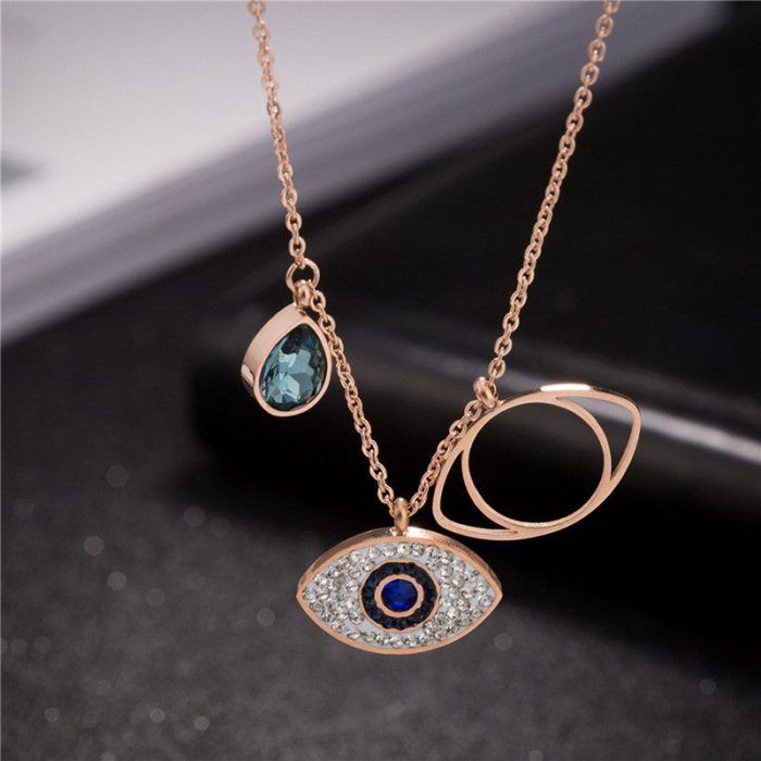 Stainless Steel Rose Gold Plated American Diamond Studded Evil Eye Pendant Necklace - VAIRAVI