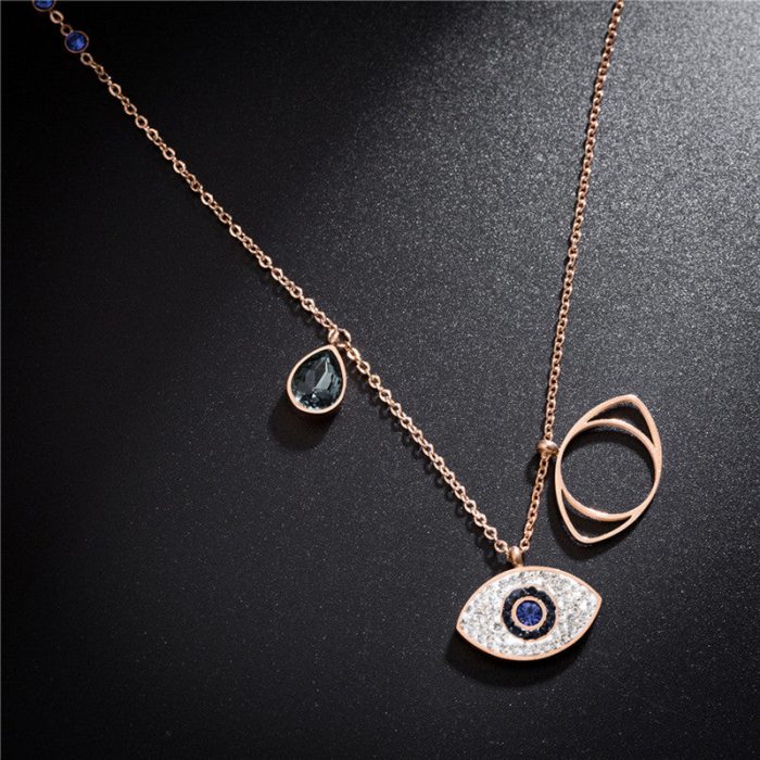 Stainless Steel Rose Gold Plated American Diamond Studded Evil Eye Pendant Necklace - VAIRAVI