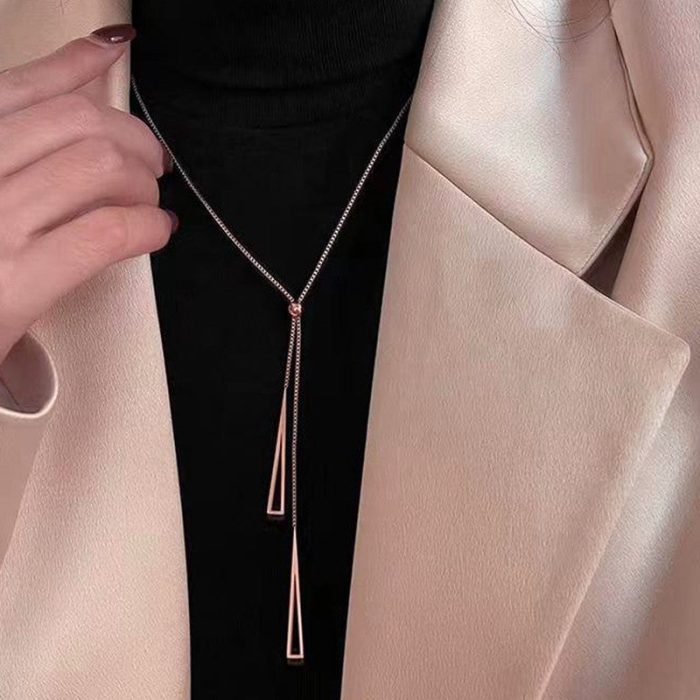 Stainless Steel Rose Gold Plated Stainless Steel Geometric Tassel Pull-Out Necklace - VAIRAVI