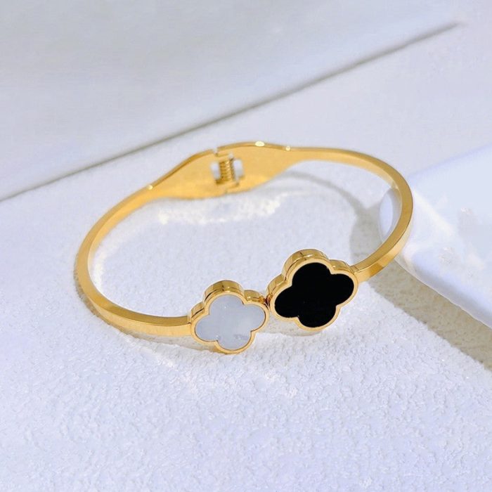Stainless Steel Gold-Plated Bangle-Style Anti Tarnish Clover Bracelet - Image 4