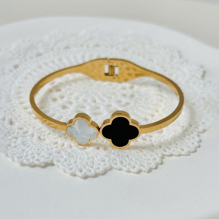Stainless Steel Gold-Plated Bangle-Style Anti Tarnish Clover Bracelet - Image 5