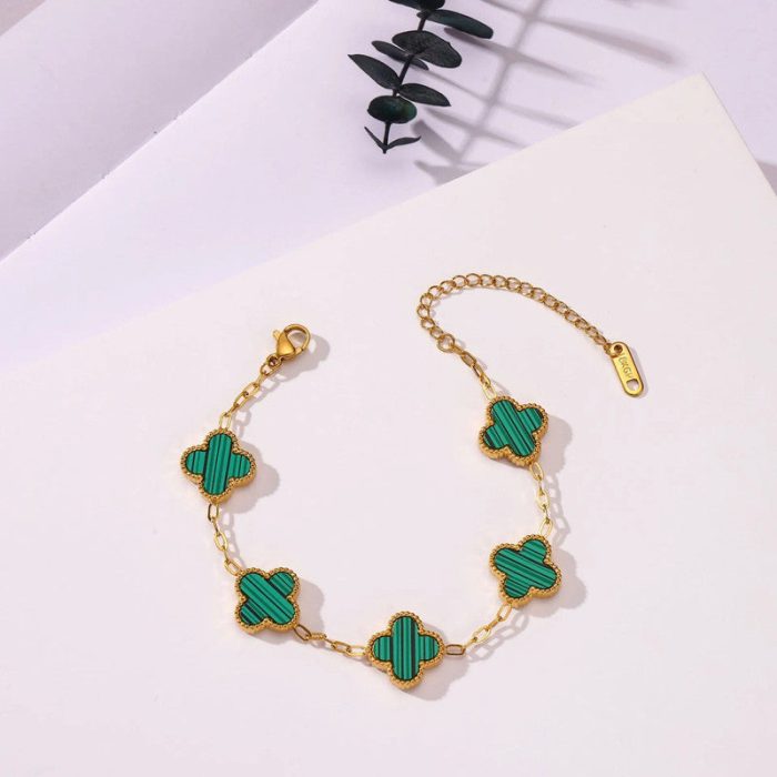 Stainless Steel Gold Plated Green Anti Tarnish Clover Bracelet For Girls And Women - Image 4