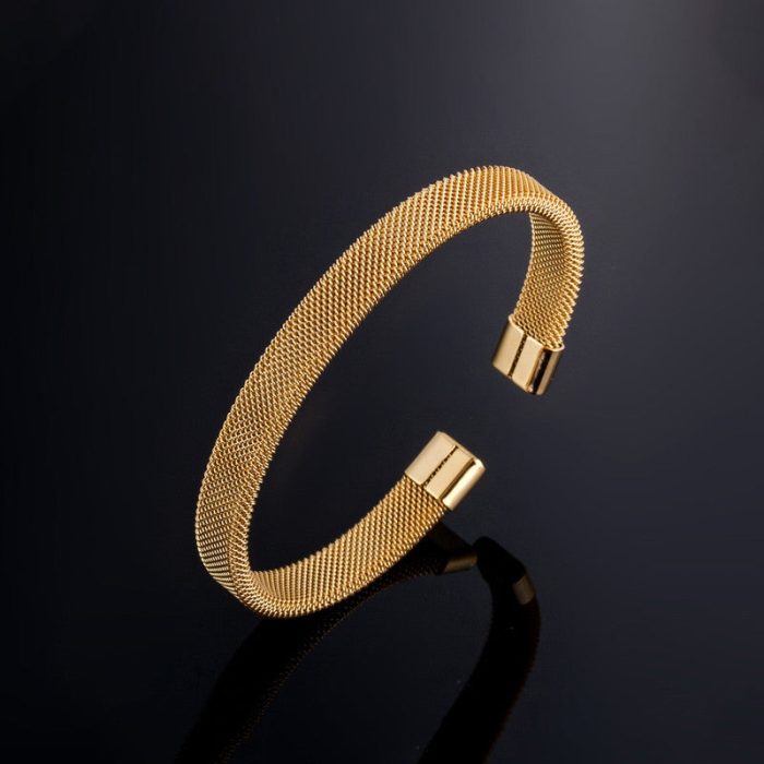 Gold Plated Stainless Steel Anti Tarnish Mesh Statement Cuff Bracelet For Men - Image 5