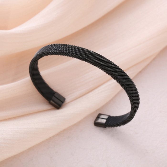 Black Silver Plated Stainless Steel Anti Tarnish Mesh Statement Cuff Bracelet For Men - Image 2