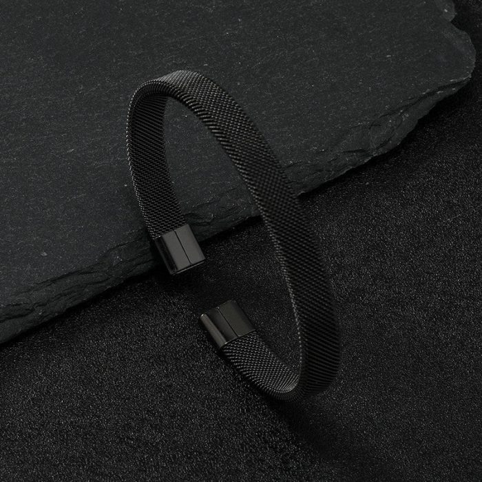 Black Silver Plated Stainless Steel Anti Tarnish Mesh Statement Cuff Bracelet For Men - Image 5