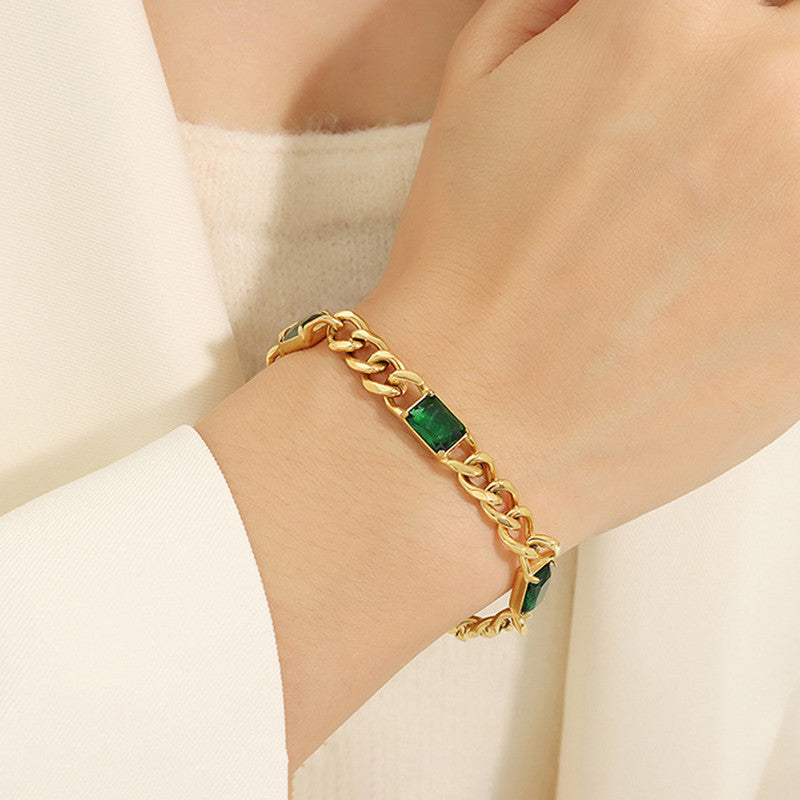 Gold Plated Stainless Steel Anti Tarnish Green Crystals Cuban Wraparound Bracelet - Image 1