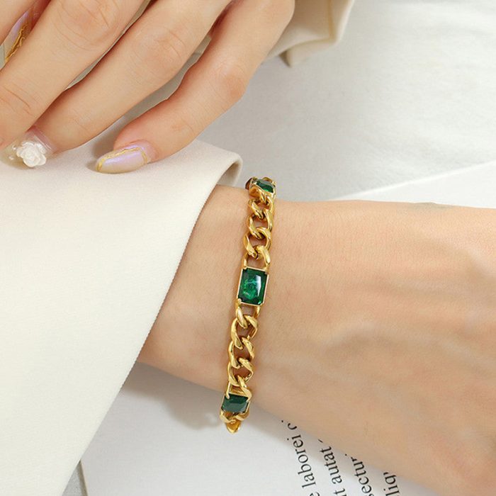Gold Plated Stainless Steel Anti Tarnish Green Crystals Cuban Wraparound Bracelet - Image 2