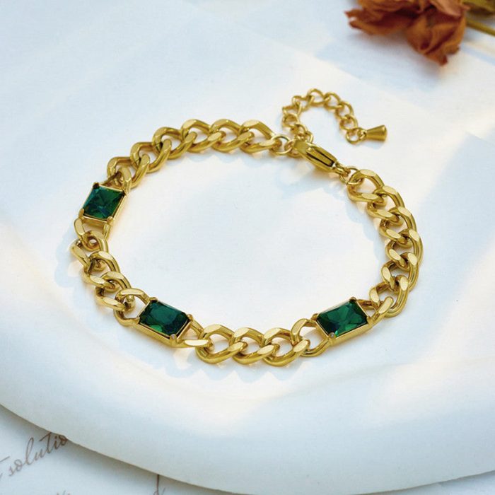 Gold Plated Stainless Steel Anti Tarnish Green Crystals Cuban Wraparound Bracelet - Image 4
