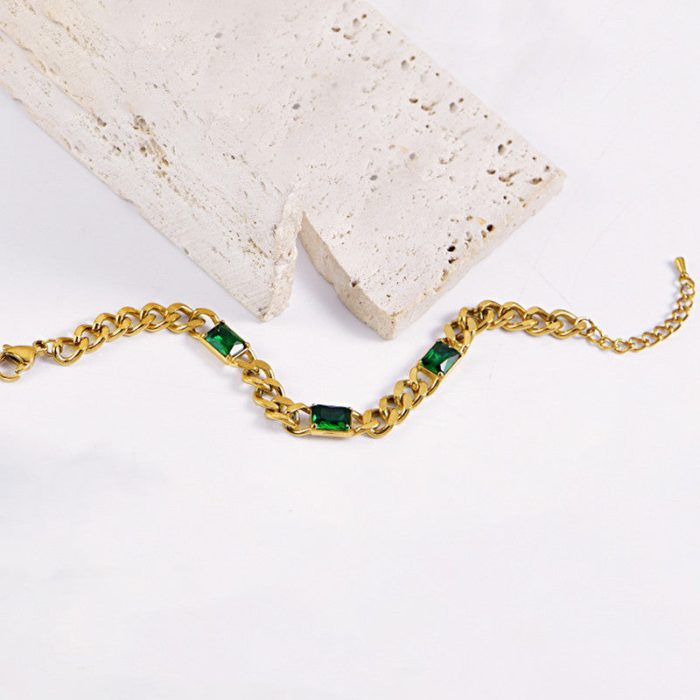 Gold Plated Stainless Steel Anti Tarnish Green Crystals Cuban Wraparound Bracelet - Image 7