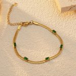 Gold Plated Stainless Steel Anti Tarnish Snake Chain Green Emerald Studded Wraparound Bracelet - Image 4
