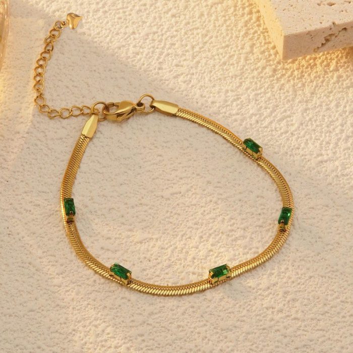 Gold Plated Stainless Steel Anti Tarnish Snake Chain Green Emerald Studded Wraparound Bracelet - Image 4