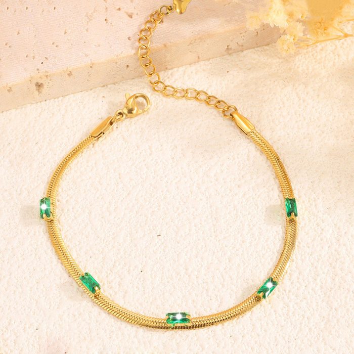 Gold Plated Stainless Steel Anti Tarnish Snake Chain Green Emerald Studded Wraparound Bracelet - Image 7