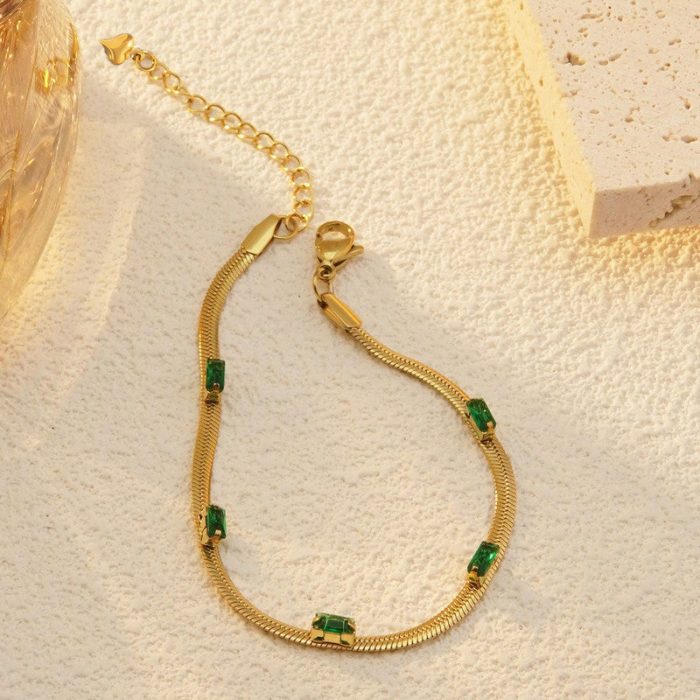 Gold Plated Stainless Steel Anti Tarnish Snake Chain Green Emerald Studded Wraparound Bracelet - Image 8