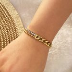Gold Plated Stainless Steel Anti Tarnish Stone Studded Miami Cuban Link Bracelet