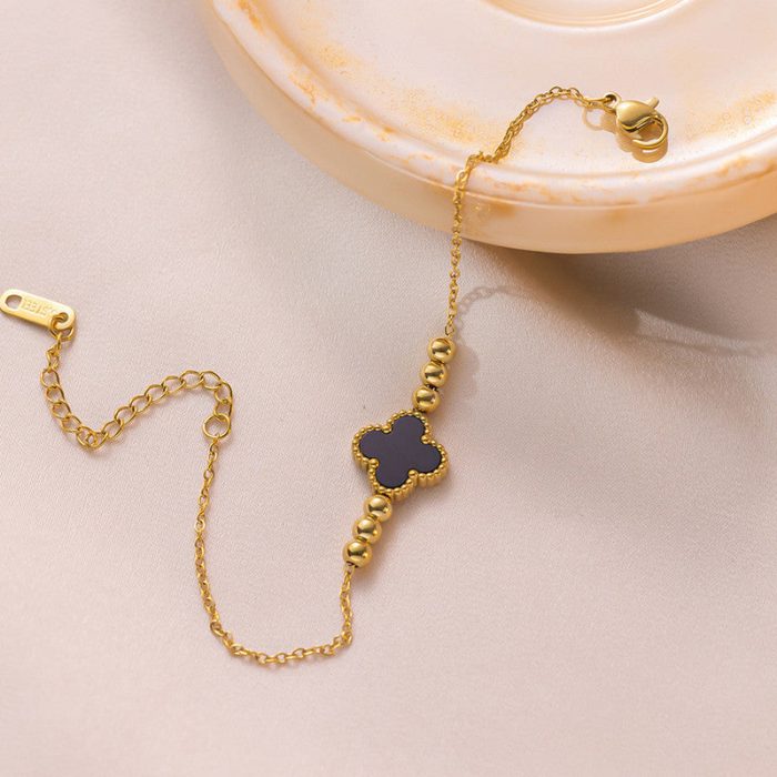 Gold Plated Stainless Steel Anti-Tarnish Black Clover Themed Wraparound Bracelet - Image 5