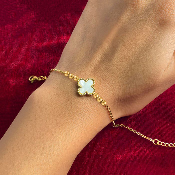 Gold Plated Stainless Steel Anti-Tarnish White Clover Themed Wraparound Bracelet - Image 2