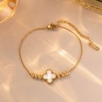 Gold Plated Stainless Steel Anti-Tarnish White Clover Themed Wraparound Bracelet - Image 3