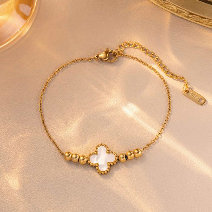Gold Plated Stainless Steel Anti-Tarnish White Clover Themed Wraparound Bracelet - Image 3