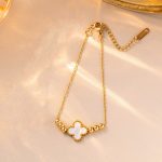 Gold Plated Stainless Steel Anti-Tarnish White Clover Themed Wraparound Bracelet - Image 4