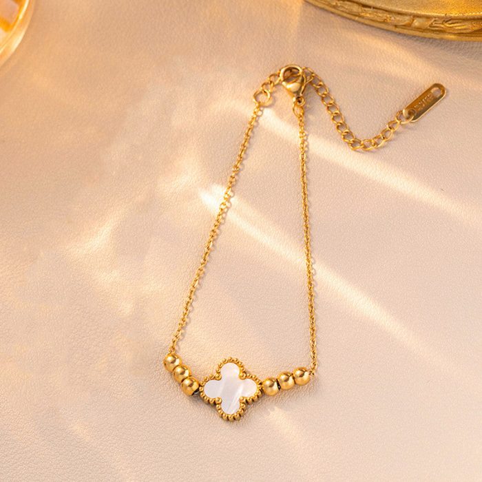 Gold Plated Stainless Steel Anti-Tarnish White Clover Themed Wraparound Bracelet - Image 4