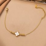 Gold Plated Stainless Steel Anti-Tarnish White Clover Themed Wraparound Bracelet - Image 5