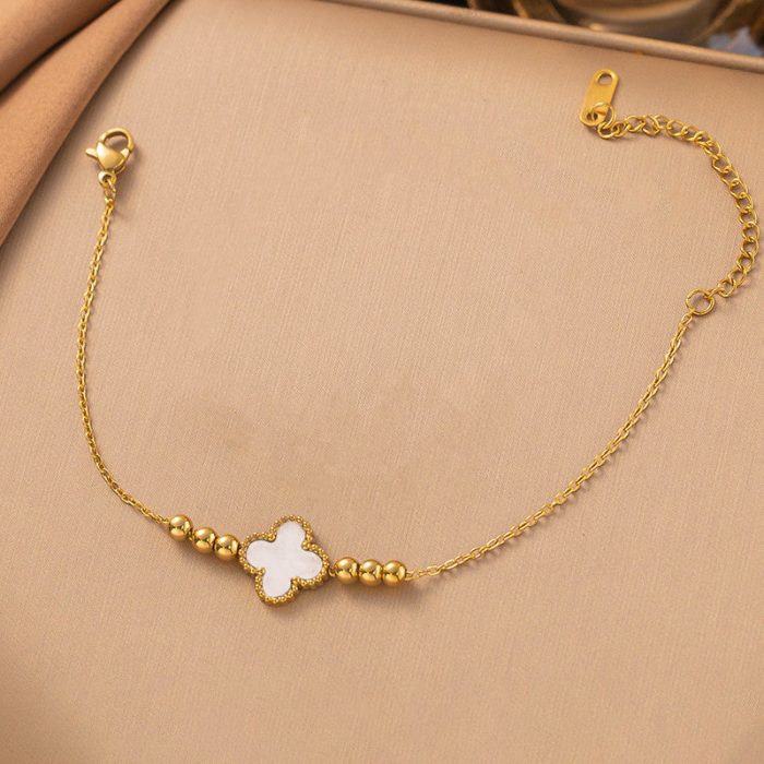 Gold Plated Stainless Steel Anti-Tarnish White Clover Themed Wraparound Bracelet - Image 5