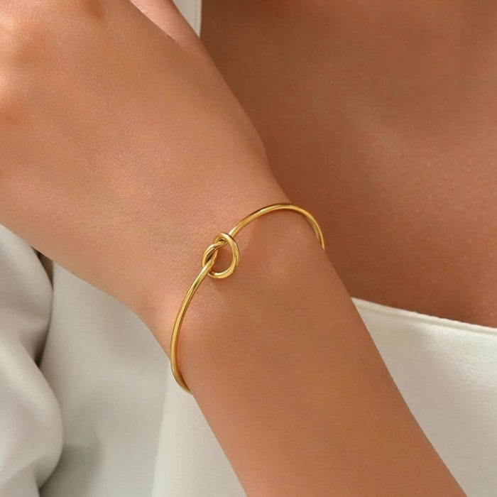 Gold Plated Stainless Steel Anti-Tarnish Knotted Cuff Bracelet - Image 2