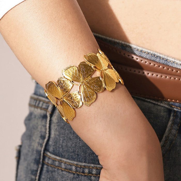 Gold Plated Anti Tarnish Stainless Steel Butterfly Themed Cuff Bracelet - Image 2
