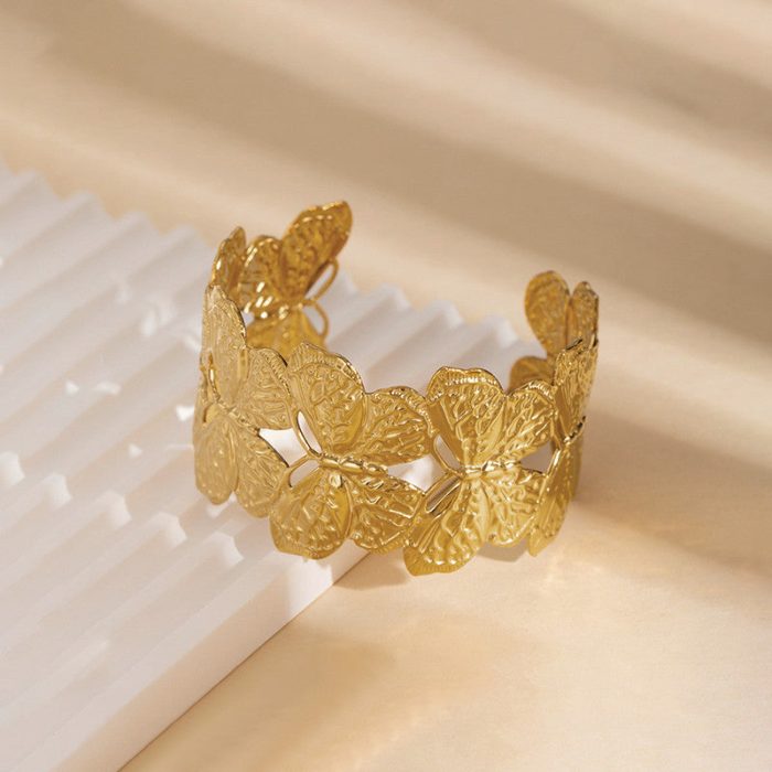 Gold Plated Anti Tarnish Stainless Steel Butterfly Themed Cuff Bracelet - Image 5