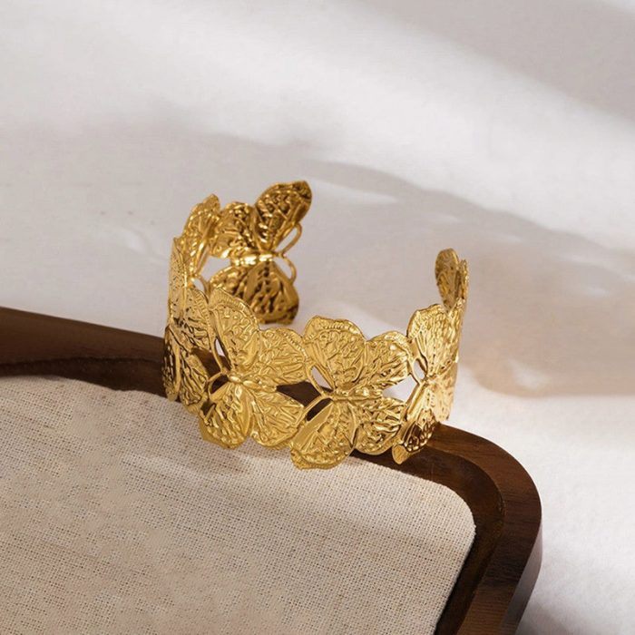 Gold Plated Anti Tarnish Stainless Steel Butterfly Themed Cuff Bracelet - Image 11