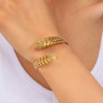 Gold Stainless Steel Leaf Themed Cuff Bracelet