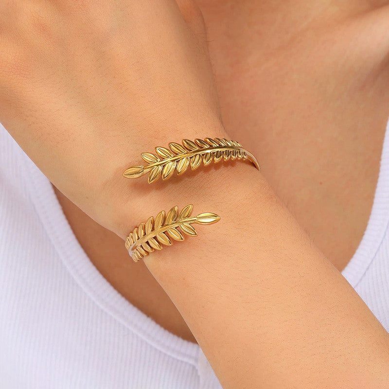 Gold Stainless Steel Leaf Themed Cuff Bracelet - Image 1