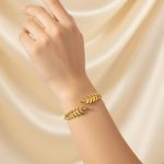 Gold Stainless Steel Leaf Themed Cuff Bracelet - Image 2