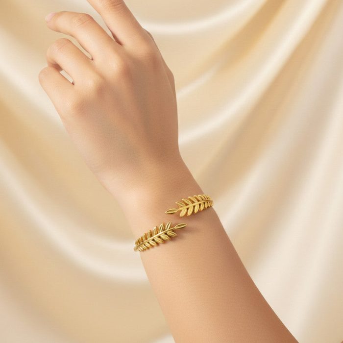 Gold Stainless Steel Leaf Themed Cuff Bracelet - Image 2