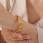 Gold Stainless Steel Leaf Themed Cuff Bracelet - Image 4