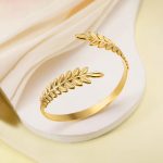 Gold Stainless Steel Leaf Themed Cuff Bracelet - Image 6