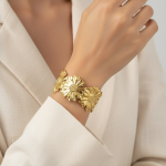 Gold Stainless Steel Floral Themed Cuff Bracelet - Image 2