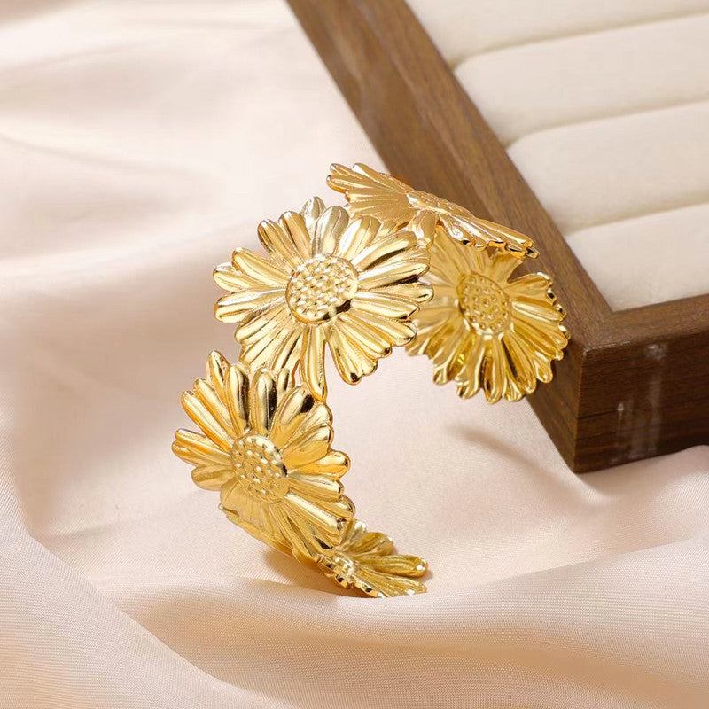 Gold Stainless Steel Floral Themed Cuff Bracelet - Image 1