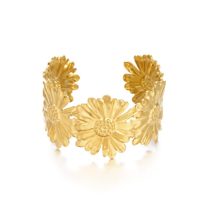 Gold Stainless Steel Floral Themed Cuff Bracelet - Image 4