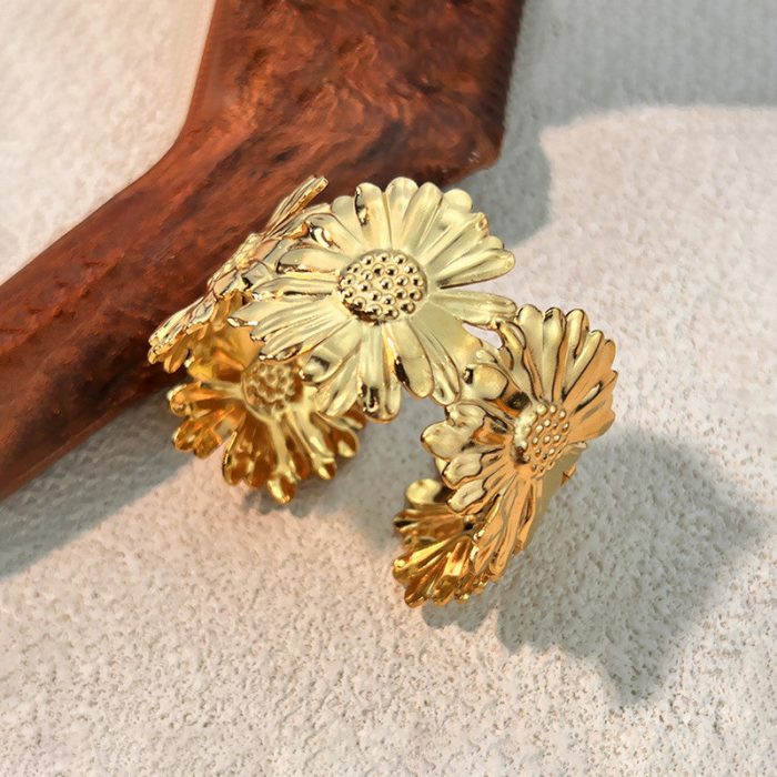 Gold Stainless Steel Floral Themed Cuff Bracelet - Image 5