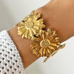 Gold Stainless Steel Floral Themed Cuff Bracelet - Image 6